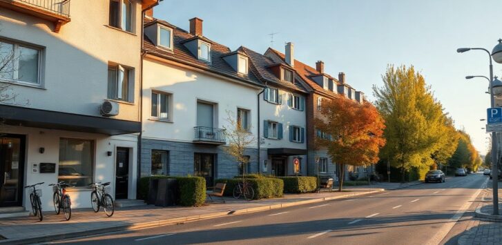 Wohnhäuser an einer ruhigen Straße stehen stellvertretend für die steigenden Mieten in der Steiermark – Symbolbild, KI-erzeugt