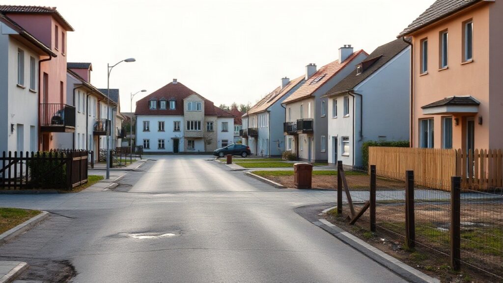 A quiet small-town street in Lower Austria with modern single-family houses, a construction site with building plot and wooden fence in the foreground, soft morning light, no peopl – Symbolbild, KI-erzeugt