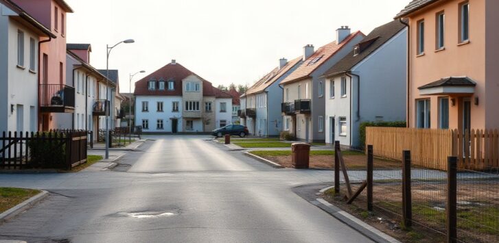 A quiet small-town street in Lower Austria with modern single-family houses, a construction site with building plot and wooden fence in the foreground, soft morning light, no peopl – Symbolbild, KI-erzeugt