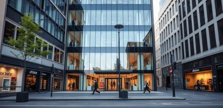 A modern glass office building facade in a German city centre, retail storefronts at street level, soft morning light, no visible brand logos, wide-angle street view, no people in – Symbolbild, KI-erzeugt