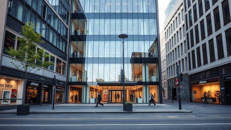 A modern glass office building facade in a German city centre, retail storefronts at street level, soft morning light, no visible brand logos, wide-angle street view, no people in – Symbolbild, KI-erzeugt