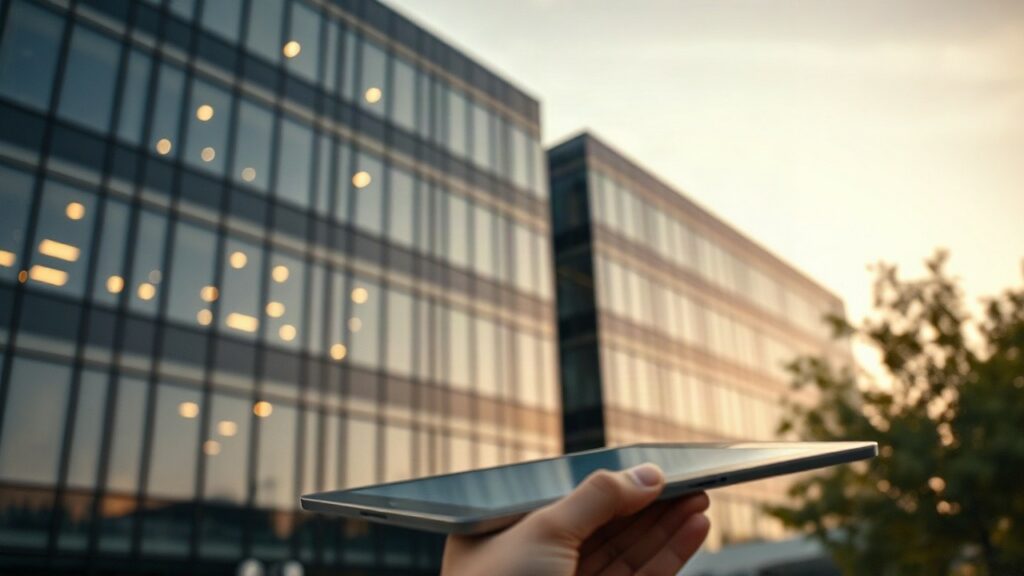 Modernes Bürogebäude mit Glasfassade bei Dämmerung, im Vordergrund unscharf eine Hand an einem Tablet, Stimmung technologisch und seriös, kein erkennbares reales Gebäude, Querforma – Symbolbild, KI-erzeugt