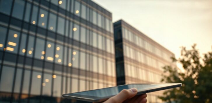 Modernes Bürogebäude mit Glasfassade bei Dämmerung, im Vordergrund unscharf eine Hand an einem Tablet, Stimmung technologisch und seriös, kein erkennbares reales Gebäude, Querforma – Symbolbild, KI-erzeugt