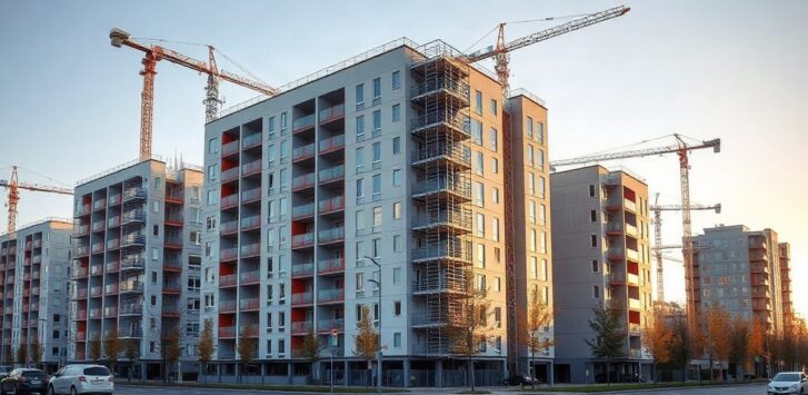 A modern residential building complex under construction in a German city, cranes in the background, scaffolding on one facade, morning light, wide-angle street-level view, no visi – Symbolbild, KI-erzeugt