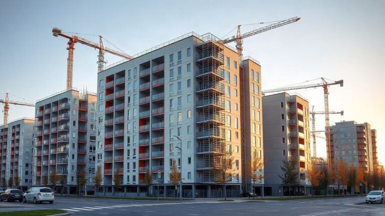 A modern residential building complex under construction in a German city, cranes in the background, scaffolding on one facade, morning light, wide-angle street-level view, no visi – Symbolbild, KI-erzeugt