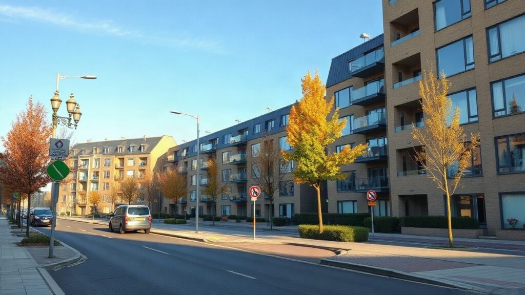 A row of modern mid-rise residential apartment buildings on a quiet Dutch-style street, wide angle street view, daylight, no visible people, no logos or text, autumn afternoon ligh – Symbolbild, KI-erzeugt