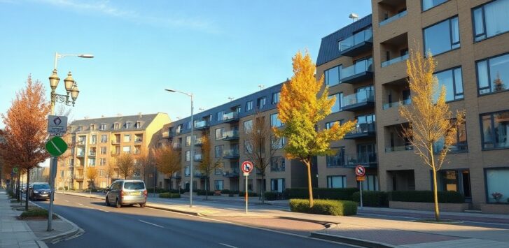 A row of modern mid-rise residential apartment buildings on a quiet Dutch-style street, wide angle street view, daylight, no visible people, no logos or text, autumn afternoon ligh – Symbolbild, KI-erzeugt