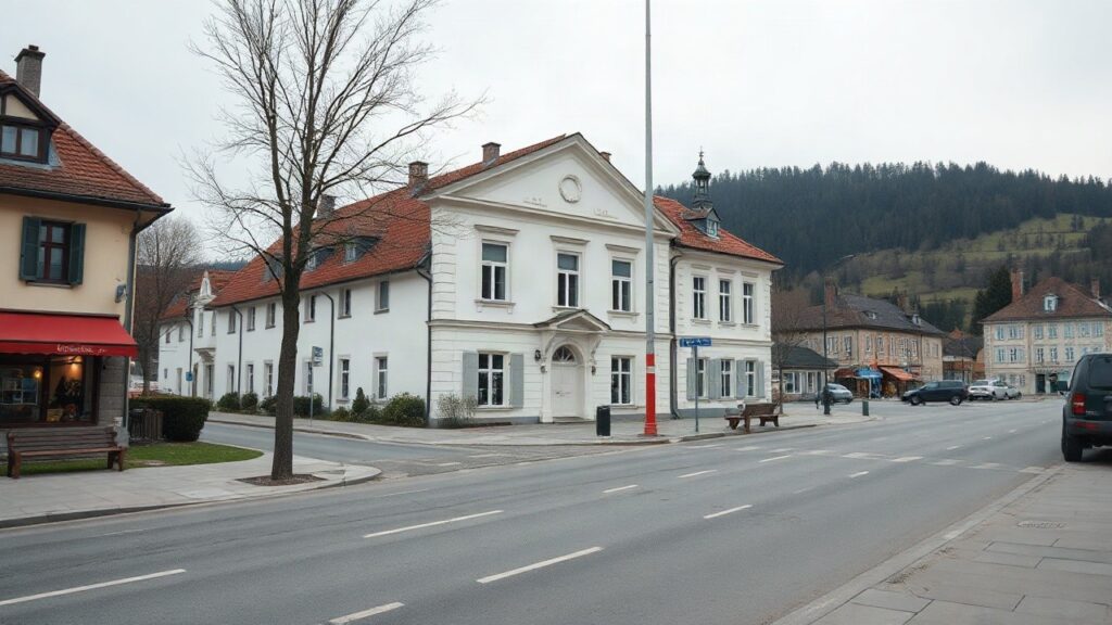 A quiet small-town street in rural Austria with a modest town hall building, empty sidewalks, soft overcast daylight, no visible people, no signage text, wide 16:9 composition – Symbolbild, KI-erzeugt