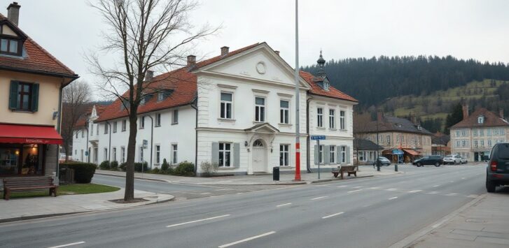 A quiet small-town street in rural Austria with a modest town hall building, empty sidewalks, soft overcast daylight, no visible people, no signage text, wide 16:9 composition – Symbolbild, KI-erzeugt