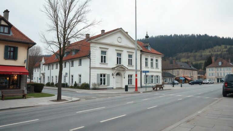 A quiet small-town street in rural Austria with a modest town hall building, empty sidewalks, soft overcast daylight, no visible people, no signage text, wide 16:9 composition – Symbolbild, KI-erzeugt