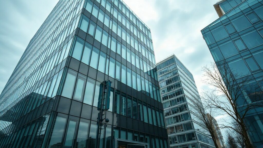 Modernes Bürogebäude mit Glasfassade in einer deutschen Innenstadt, Blick von schräg unten im Querformat, ruhige Business-Atmosphäre, kein erkennbares reales Gebäude, keine Persone – Symbolbild, KI-erzeugt