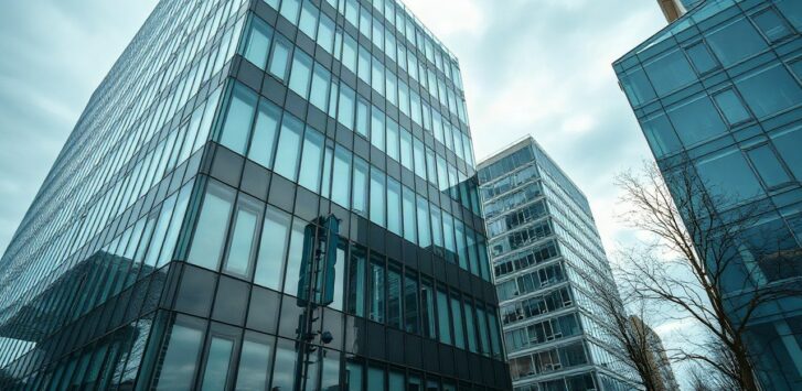 Modernes Bürogebäude mit Glasfassade in einer deutschen Innenstadt, Blick von schräg unten im Querformat, ruhige Business-Atmosphäre, kein erkennbares reales Gebäude, keine Persone – Symbolbild, KI-erzeugt