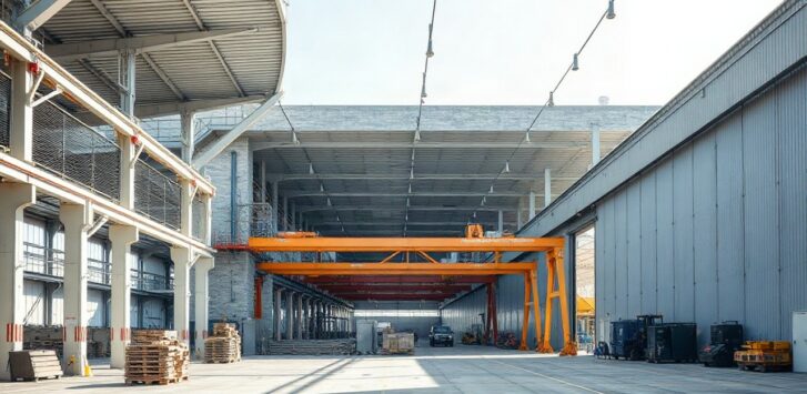 Modernes Industriegebäude mit großer Fertigungshalle im Querformat, Vorfertigungselemente und Baustahlkonstruktion sichtbar, keine erkennbaren Personen, Tageslicht, nüchterne und s – Symbolbild, KI-erzeugt