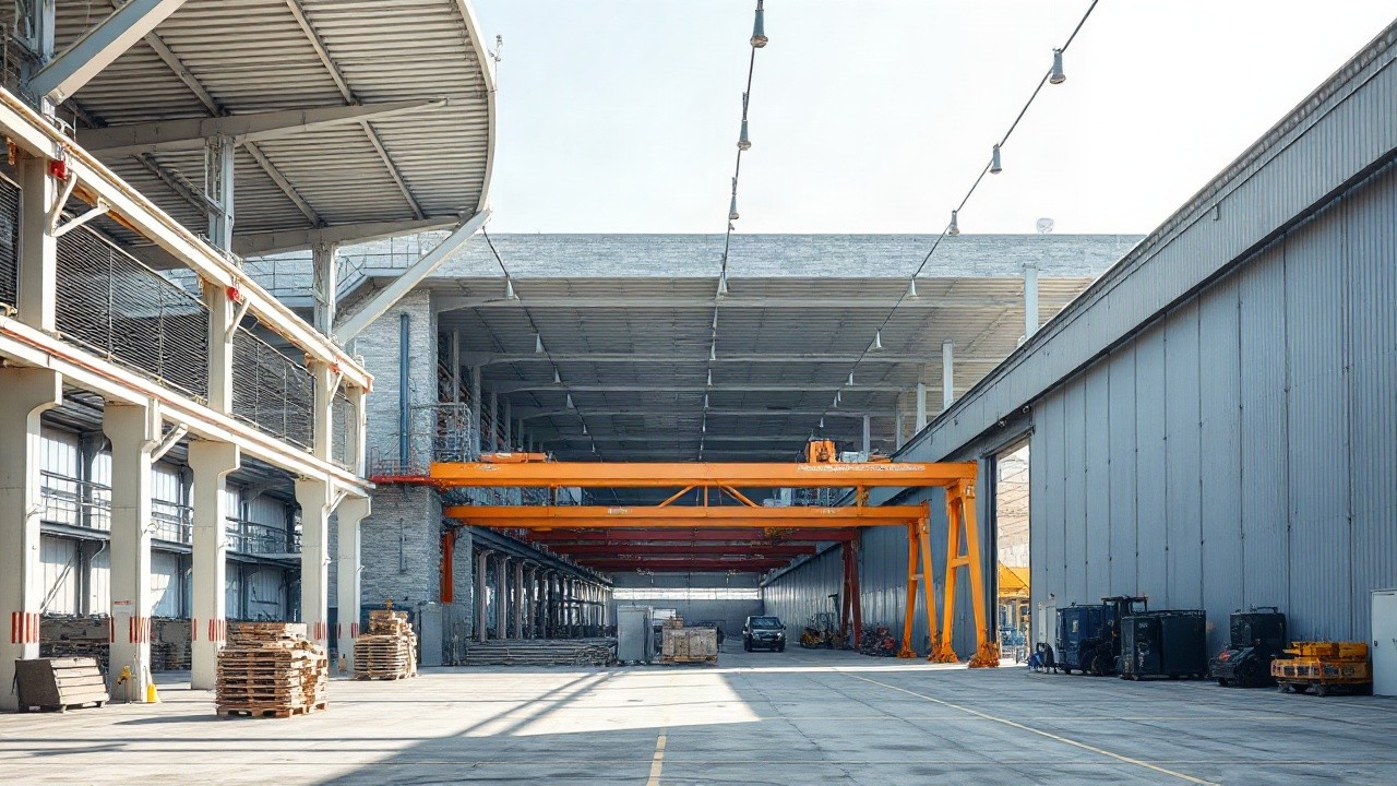 Modernes Industriegebäude mit großer Fertigungshalle im Querformat, Vorfertigungselemente und Baustahlkonstruktion sichtbar, keine erkennbaren Personen, Tageslicht, nüchterne und s – Symbolbild, KI-erzeugt