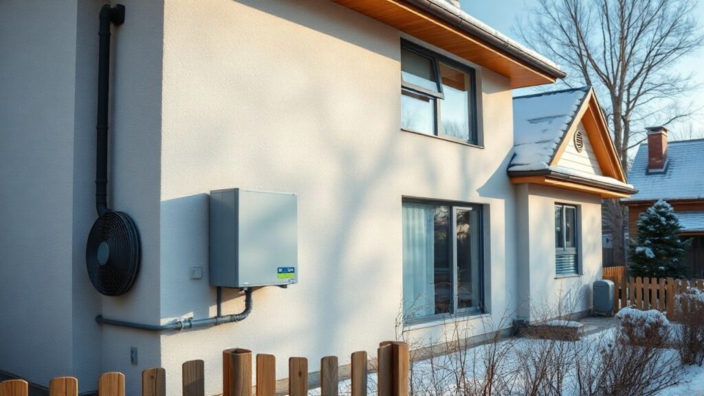 Einfamilienhaus mit Wärmepumpe im Garten und Kaminanschluss auf dem Dach, Symbolbild zur Wärmepumpe Förderung – Symbolbild, KI-erzeugt