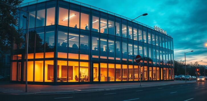 Exterior view of a modern office and event building with glass facade in Vienna at dusk, warm interior lighting visible through large windows, wide street in foreground, no visible – Symbolbild, KI-erzeugt