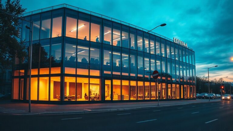 Exterior view of a modern office and event building with glass facade in Vienna at dusk, warm interior lighting visible through large windows, wide street in foreground, no visible – Symbolbild, KI-erzeugt