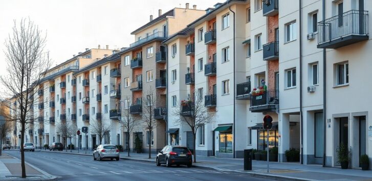 Wohngebäude in einer oberösterreichischen Stadt stehen für die aktuellen Wohnungspreise Oberösterreich – Symbolbild, KI-erzeugt